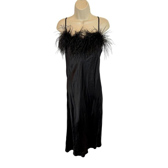 Sleeper Black Feather Trim Midi Slip Dress NWT - Size L - Picture 3 of 8